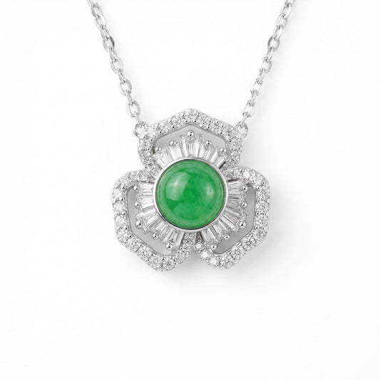 925 Sterling Silver Elegant Green Jadeite Cabochon and Diamond Floral Pendant Necklace