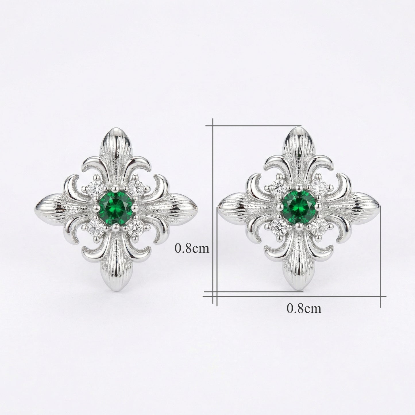925 Sterling Silver Vintage-Style Fleur-de-lis Silver Stud Earrings with Emerald Green Accents