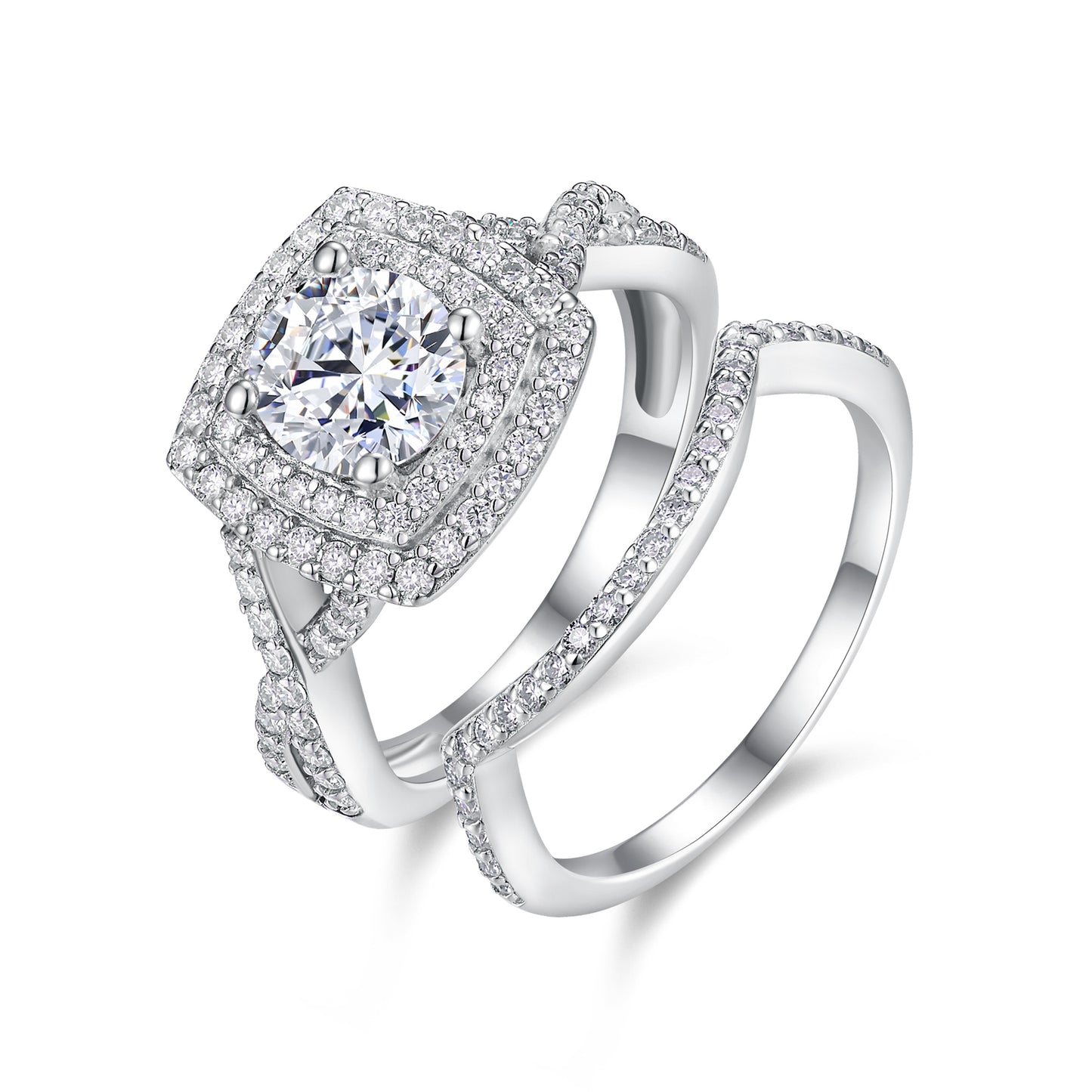 1-carat Moissanite Double Rings Set With Top-quality Moissanite Luxury, Fashionable And Light Luxury Jewelry Silver Ring S925 Silver Plated Platinum