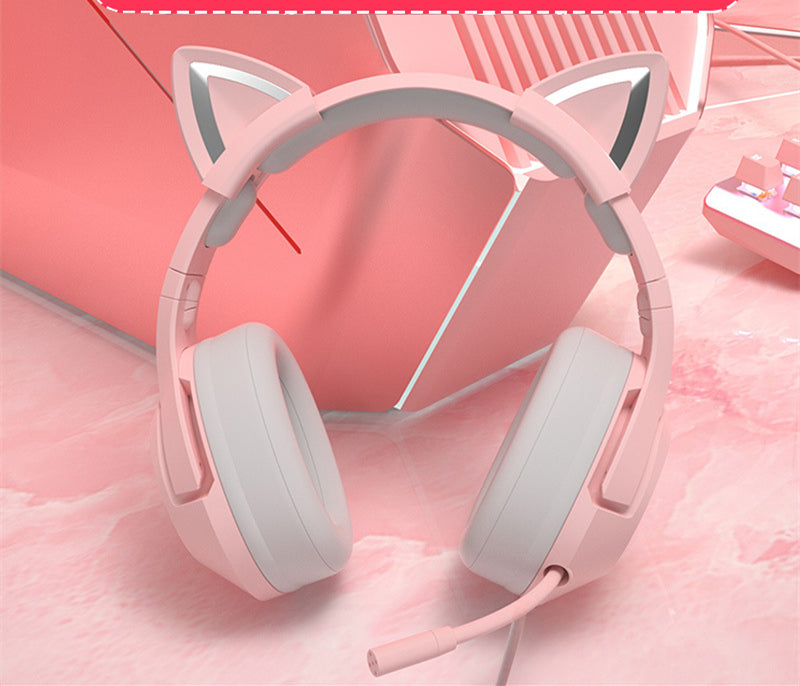 Casque de jeu RGB à réduction de bruit avec microphone et oreilles de chat amovibles.