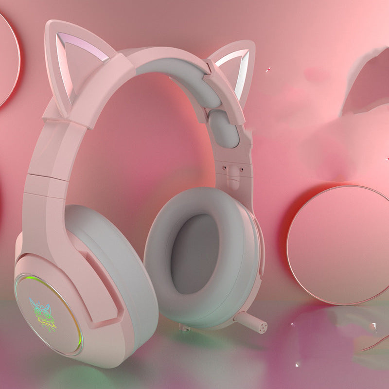 Casque de jeu RGB à réduction de bruit avec microphone et oreilles de chat amovibles.