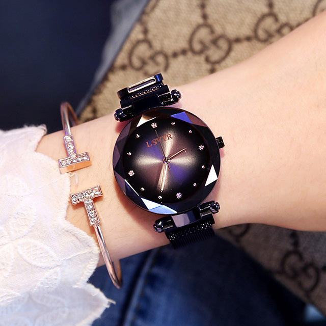 Women’s Fashion Rose Gold Starry Sky Watch, Diamond Dial & Magnetic Strap