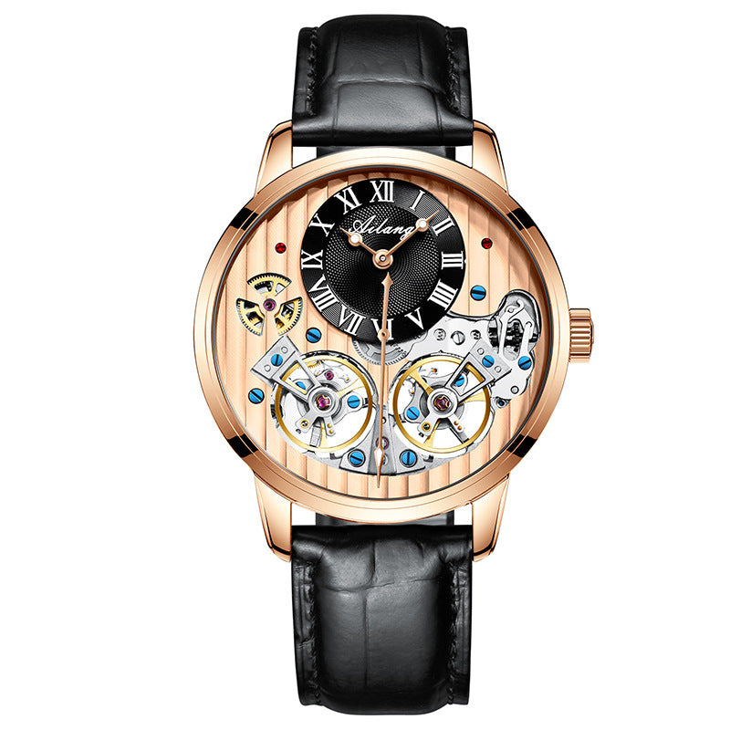 Luxury Double Flywheel Automatic Mechanical Watch – 41mm Stainless Steel Case,  Roman Dial Leather Strap
