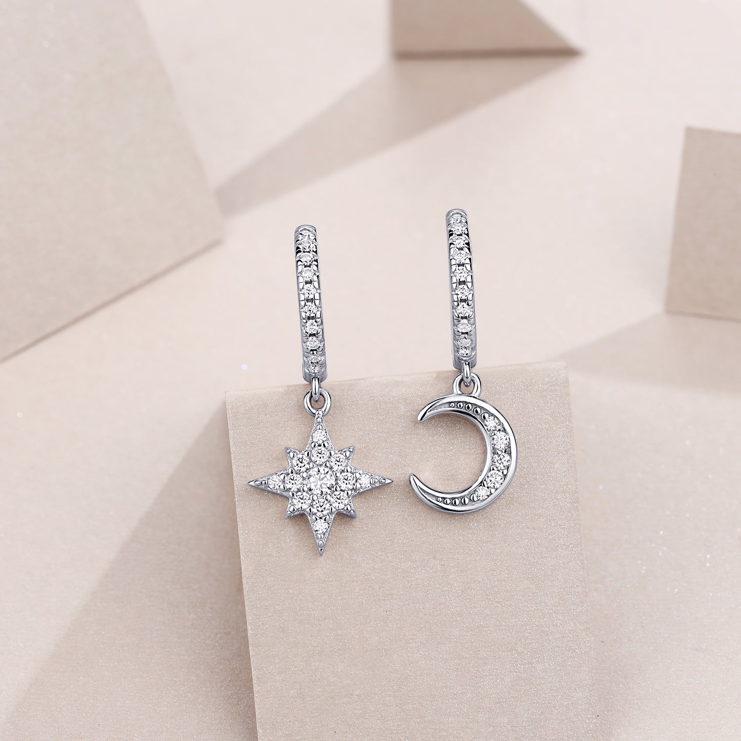 S925 Sterling Silver Moissanite Star and Moon Earrings Set, Platinum-Plated Studs