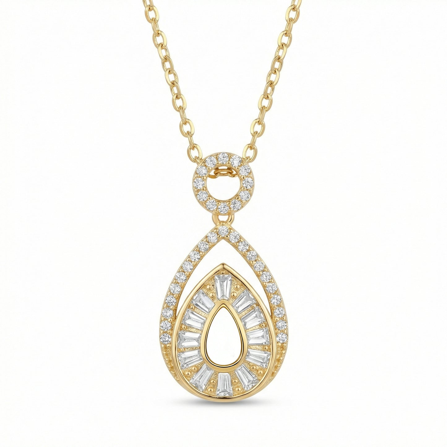 925 Sterling Silver Elegant Pear-Shaped Pendant Necklace with Marquise and Sunburst Baguette Accents