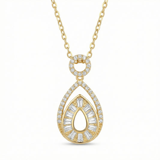 925 Sterling Silver Elegant Pear-Shaped Pendant Necklace with Marquise and Sunburst Baguette Accents