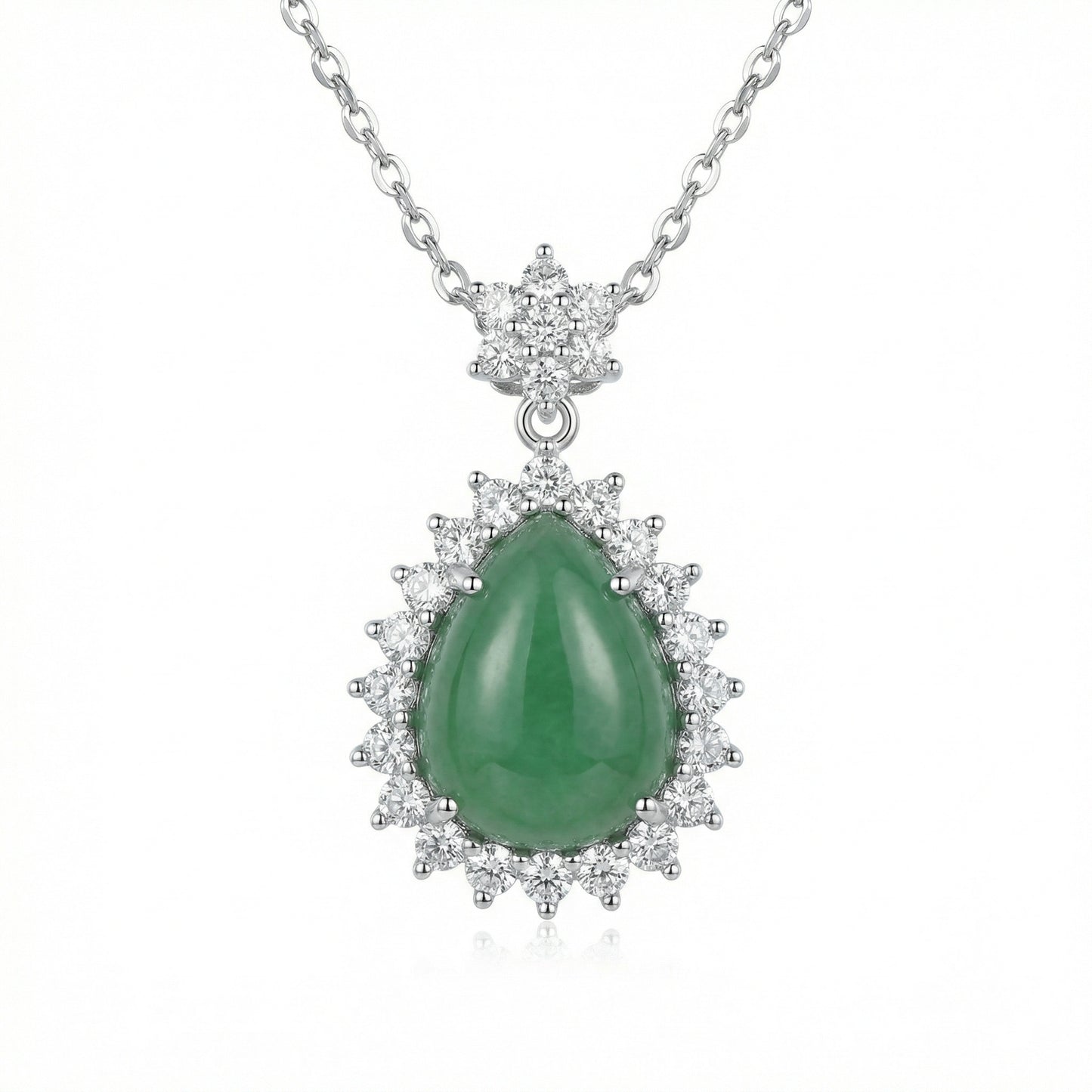 925 Sterling Silver Elegant Green Jade Teardrop Pendant Necklace with Sparkling Diamond Halo