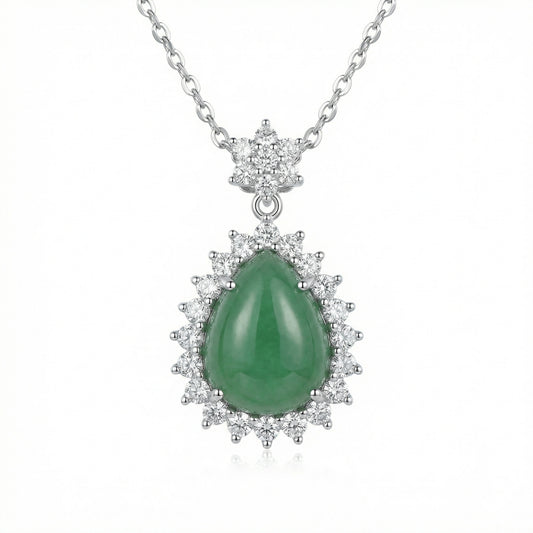 925 Sterling Silver Elegant Green Jade Teardrop Pendant Necklace with Sparkling Diamond Halo
