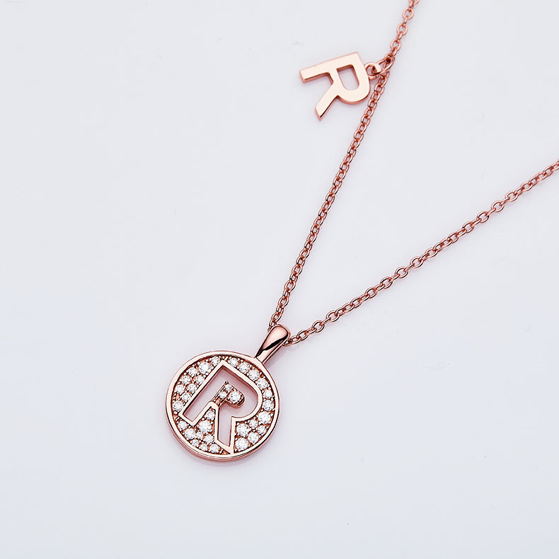 Luxury Initial Letter Necklace Pendant – R , S925 Silver Rose Gold Plated with Top-Quality Brilliant Moissanite