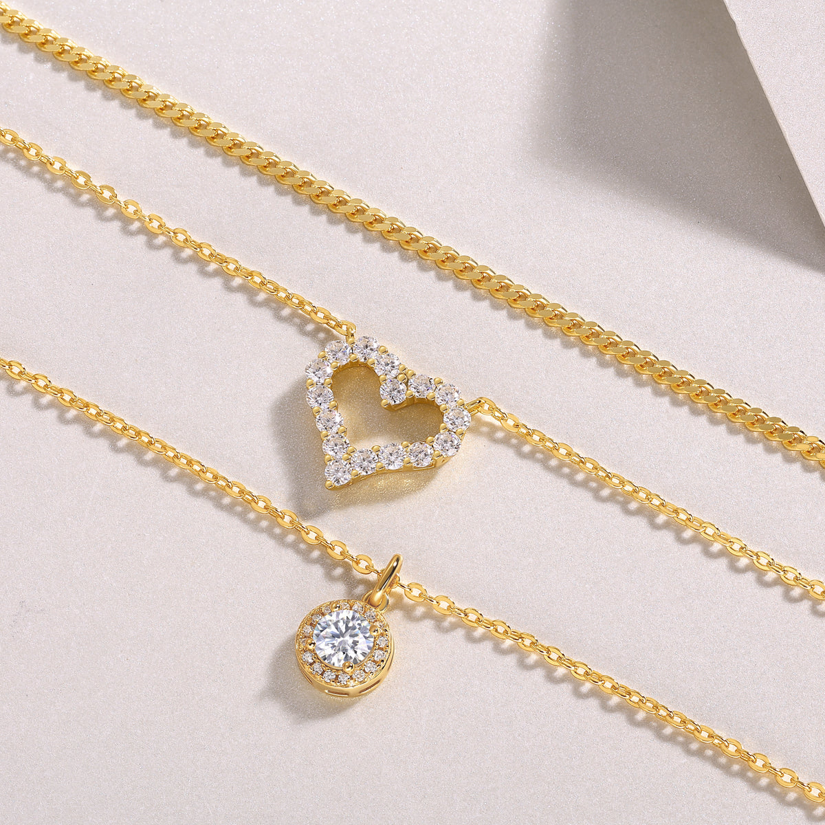 Exquisite Multi-Layered Gold-Plated 925 Silver Necklace with With Top-quality Moissanite D Color VVS1 & Pavé Heart Pendants