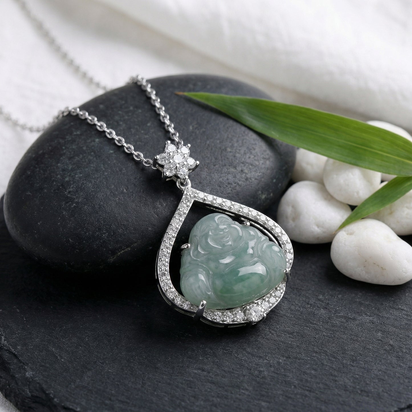 925 Sterling Silver Elegant Teardrop Jade Laughing Buddha Pendant Necklace with Sparkling Diamond Accents in White Metal