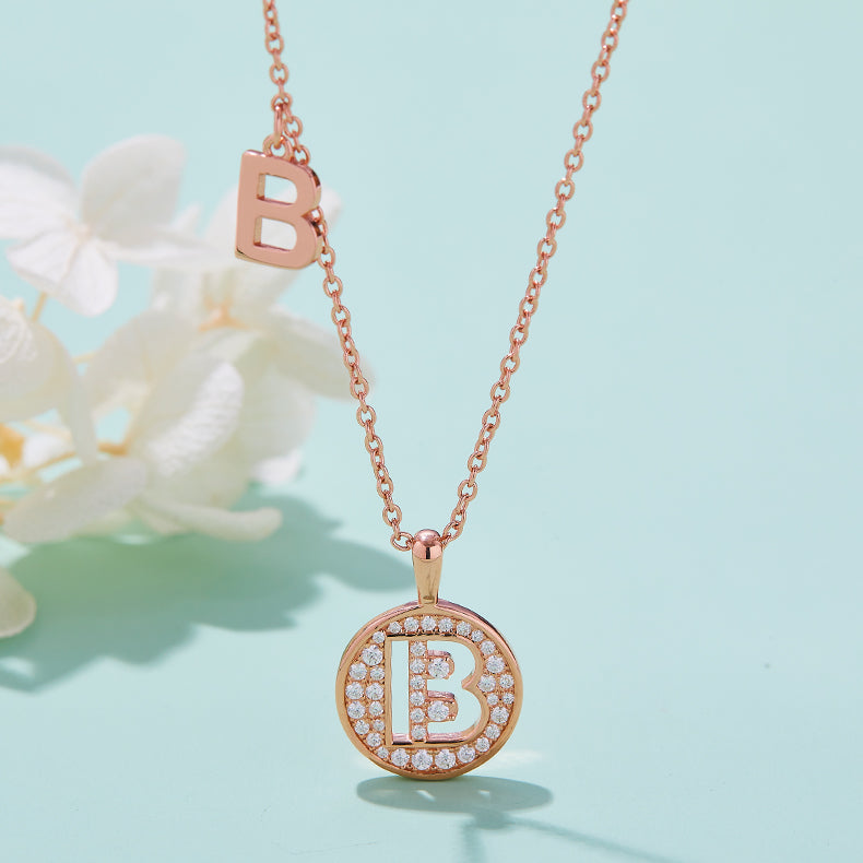 Luxury Initial Letter Necklace Pendant – B , S925 Silver Rose Gold Plated with Top-Quality Brilliant Moissanite