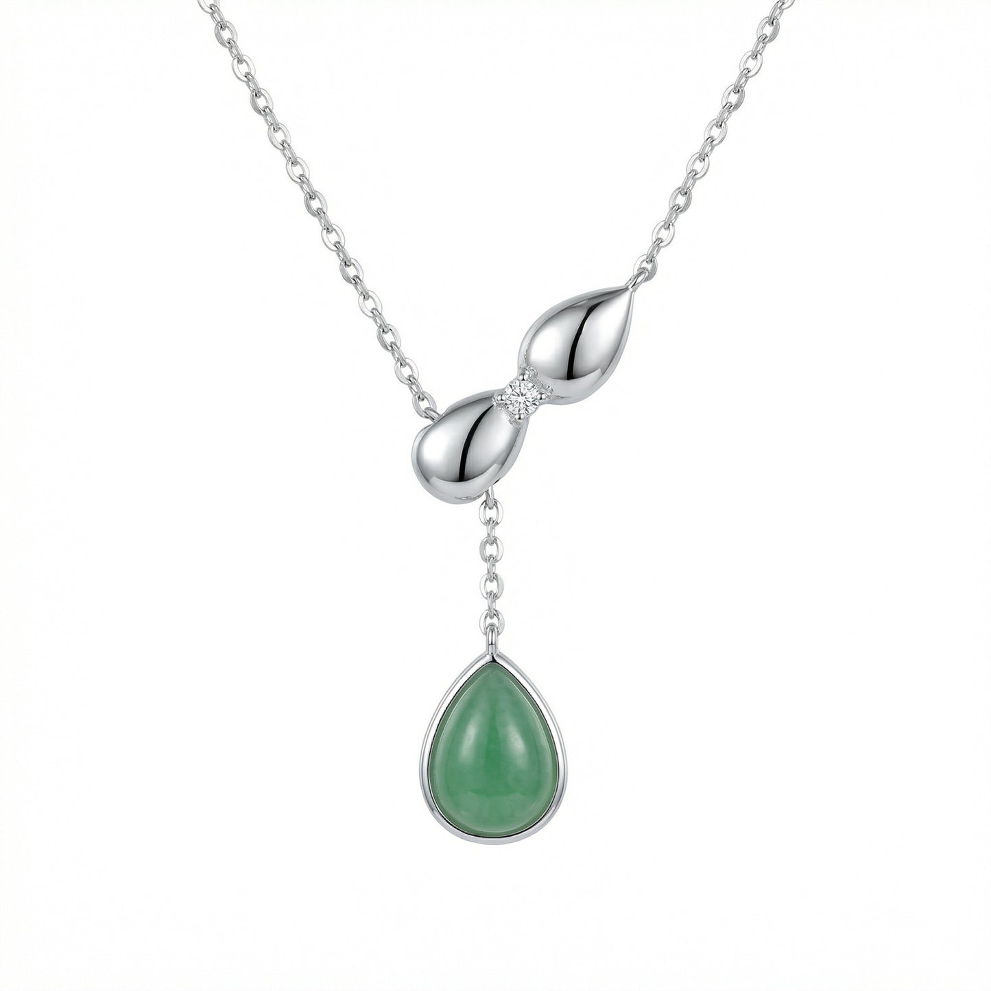 925 Sterling Silver Elegant Silver Necklace with a Green Teardrop Jadeite Pendant and Diamond Accent
