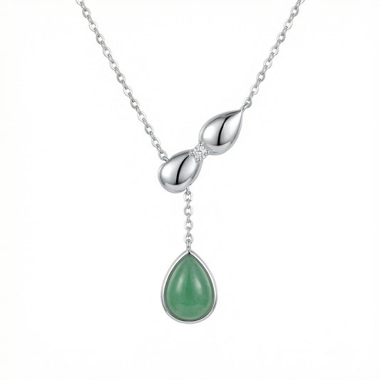 925 Sterling Silver Elegant Silver Necklace with a Green Teardrop Jadeite Pendant and Diamond Accent