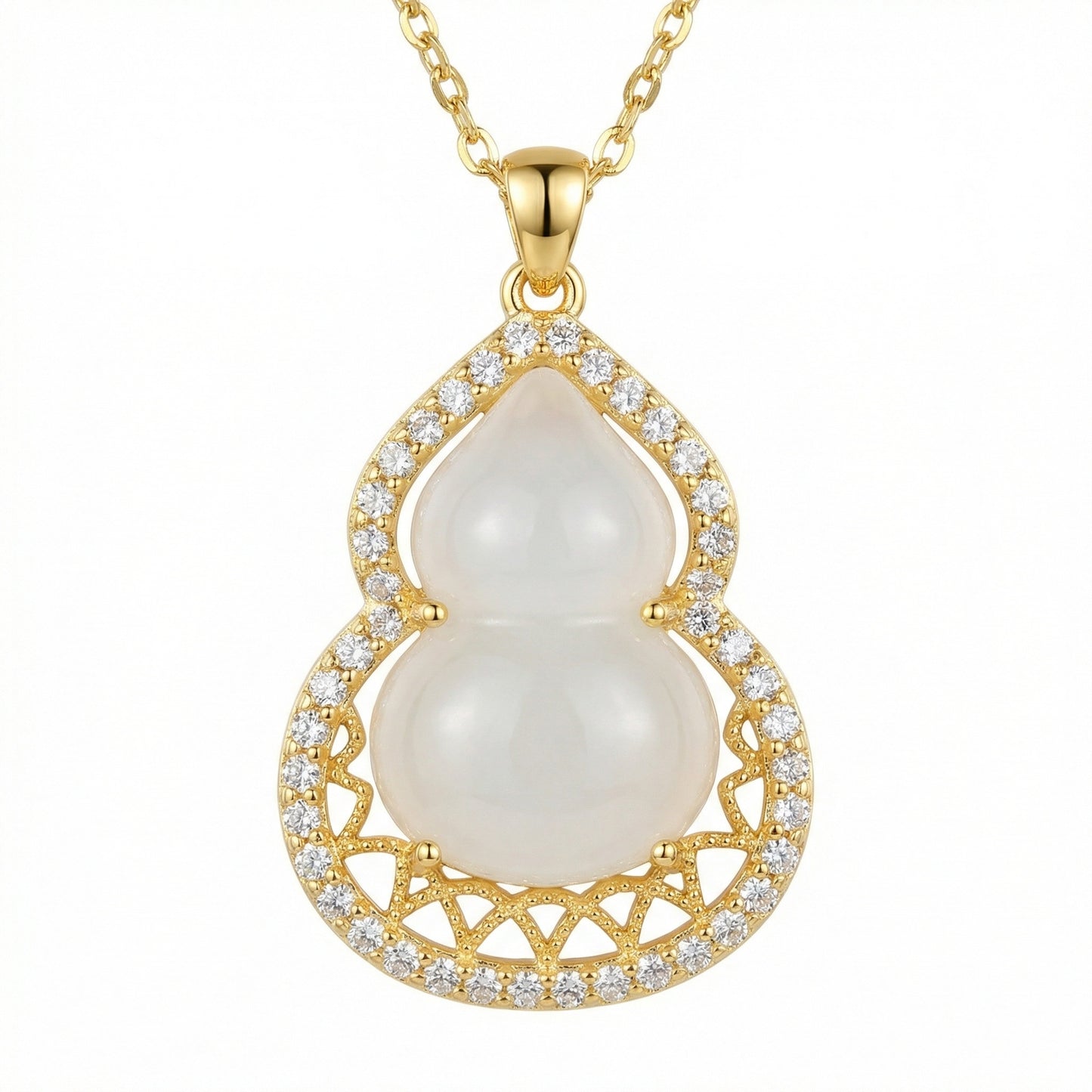 925 Sterling Silver Elegant White Jadeite Calabash Pendant with Shimmering Stones and Ornate Lattice Frame