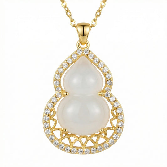 925 Sterling Silver Elegant White Jadeite Calabash Pendant with Shimmering Stones and Ornate Lattice Frame