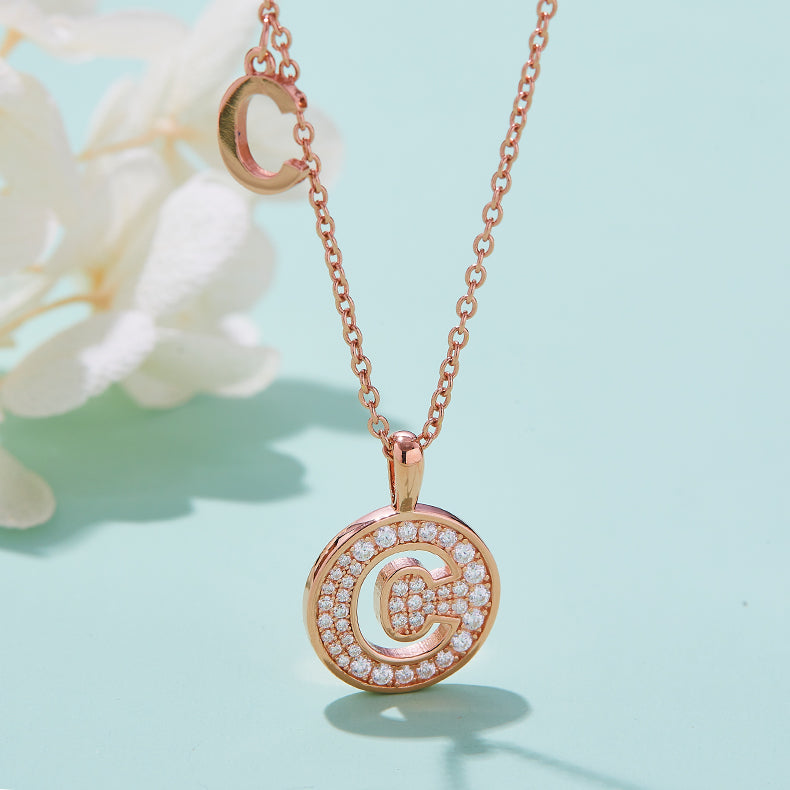 Luxury Initial Letter Necklace Pendant – C , S925 Silver Rose Gold Plated with Top-Quality Brilliant Moissanite