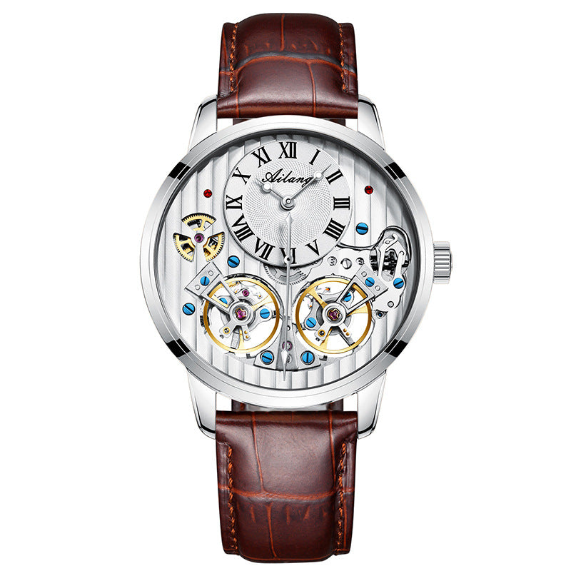 Luxury Double Flywheel Automatic Mechanical Watch – 41mm Stainless Steel Case,  Roman Dial Leather Strap