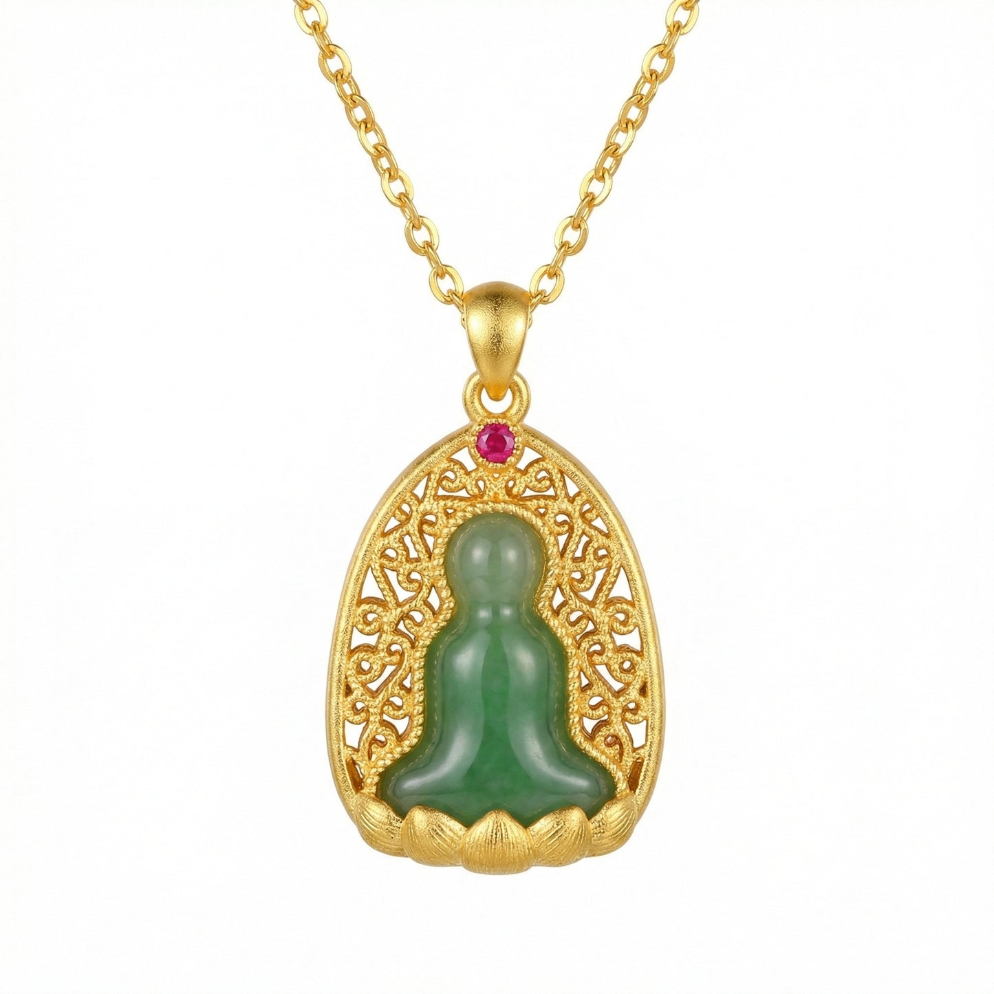 925 Sterling Silver Serene Green Jade Buddha Pendant with Intricate Filigree Setting and Radiant Red Gemstone
