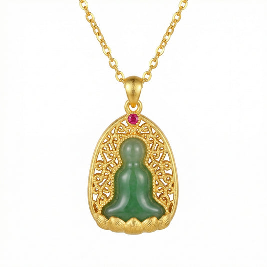 925 Sterling Silver Serene Green Jade Buddha Pendant with Intricate Filigree Setting and Radiant Red Gemstone