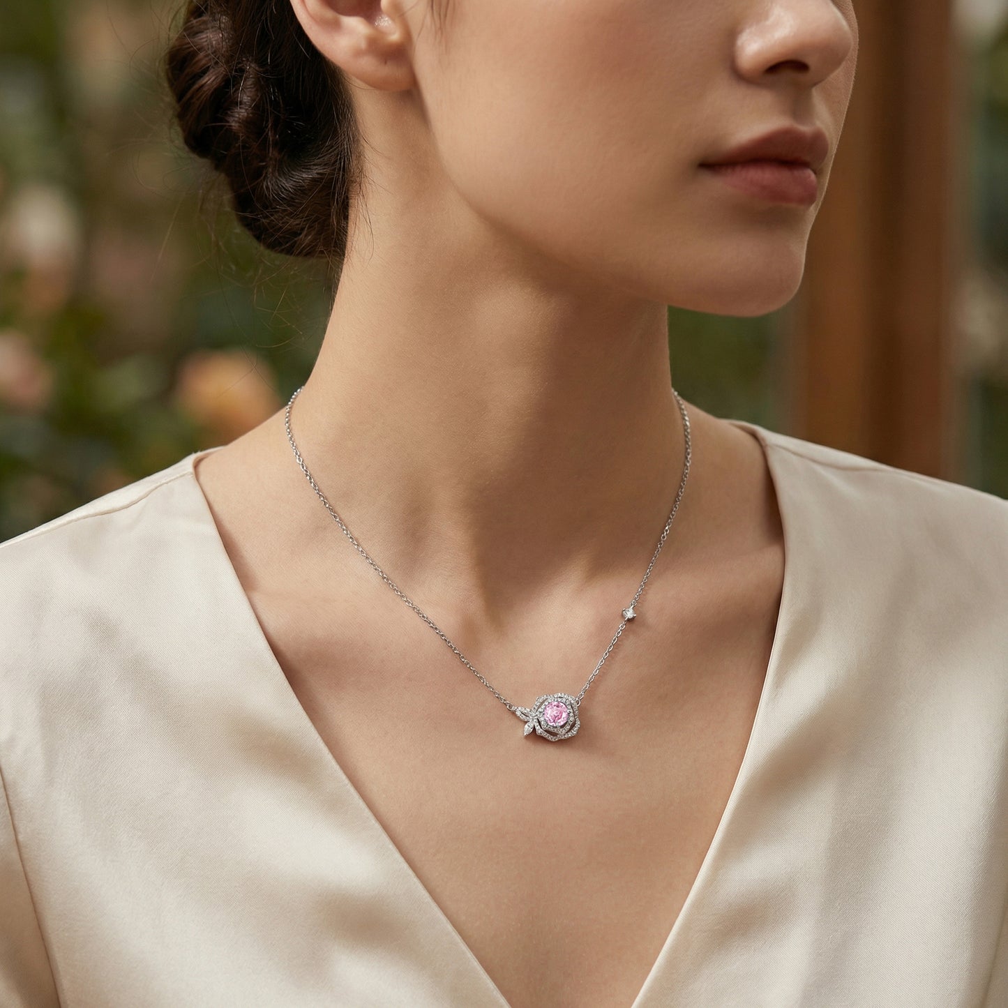 925 Sterling Silver Elegant Sterling Silver Rose Pendant Necklace with a Radiant Pink Gemstone Centerpiece.