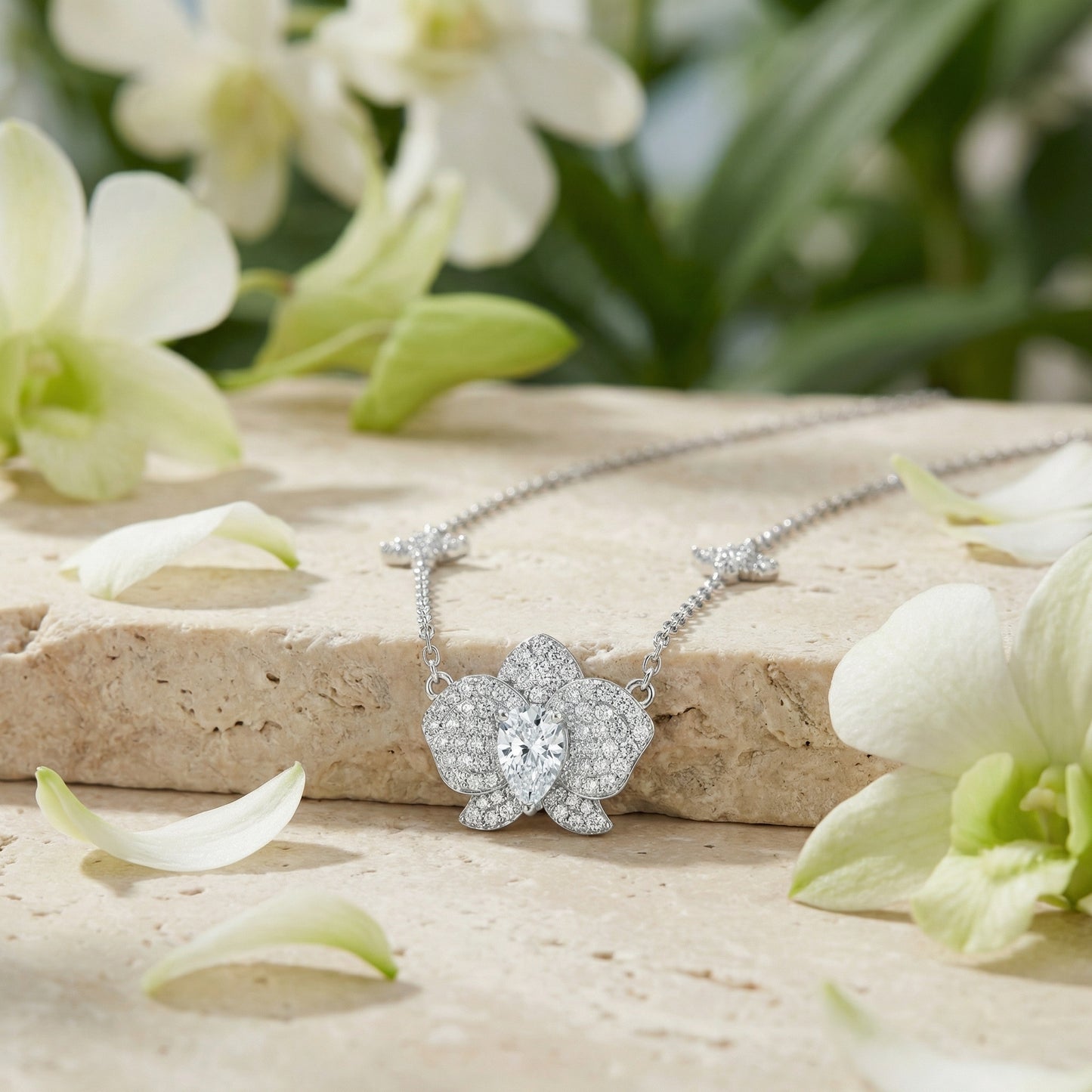 925 Sterling Silver Elegant Diamond Orchid Pendant Necklace with Pear-Cut Center Stone