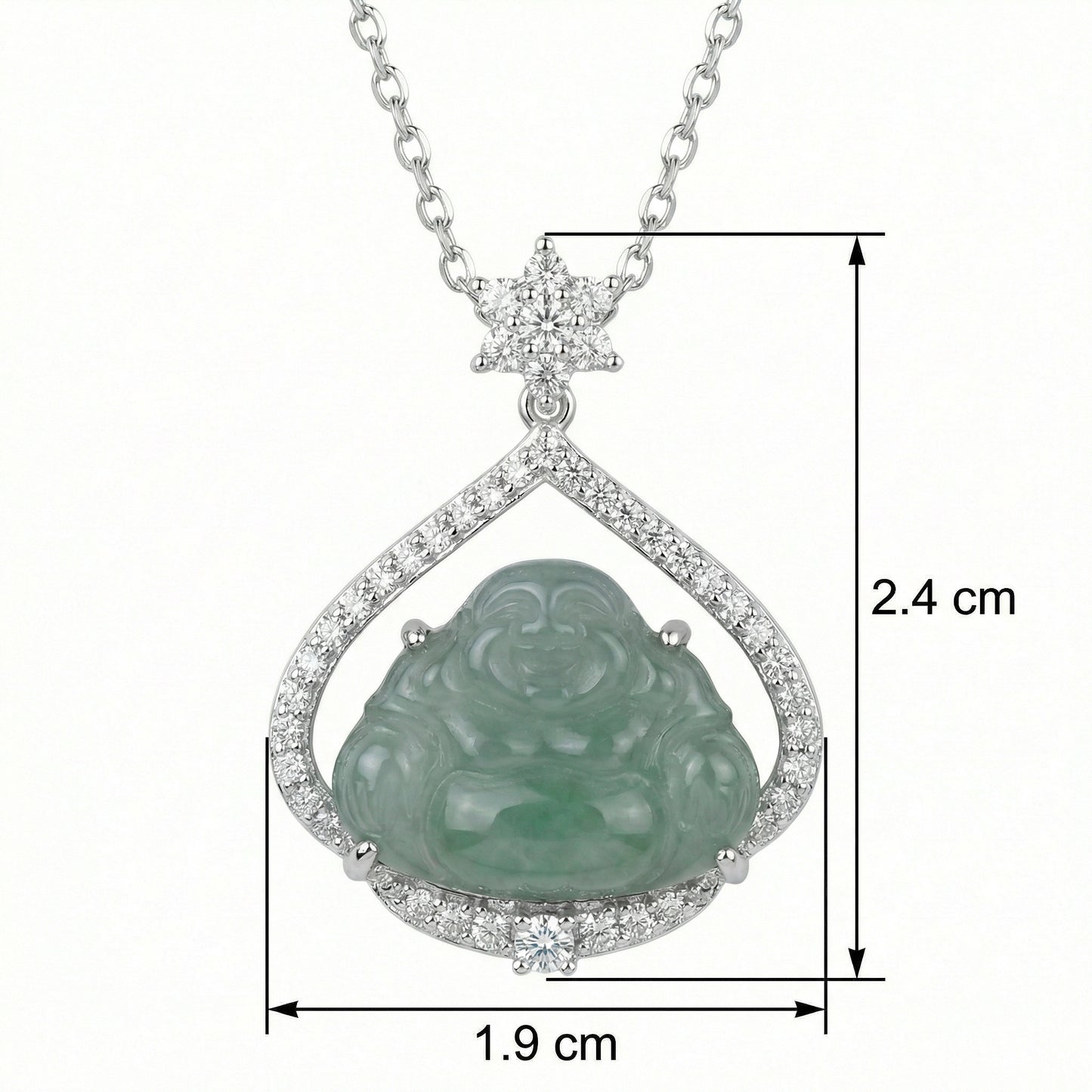 925 Sterling Silver Elegant Teardrop Jade Laughing Buddha Pendant Necklace with Sparkling Diamond Accents in White Metal