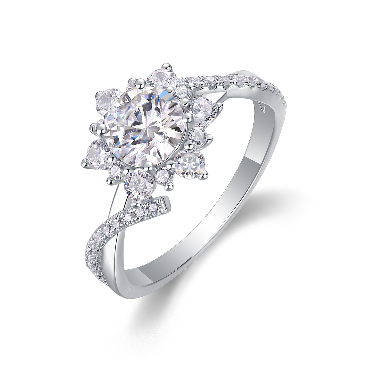 Luxury 1 Carat D Color VVS1 Moissanite "Sunflower"  Ring in Platinum-Plated S925 Silver