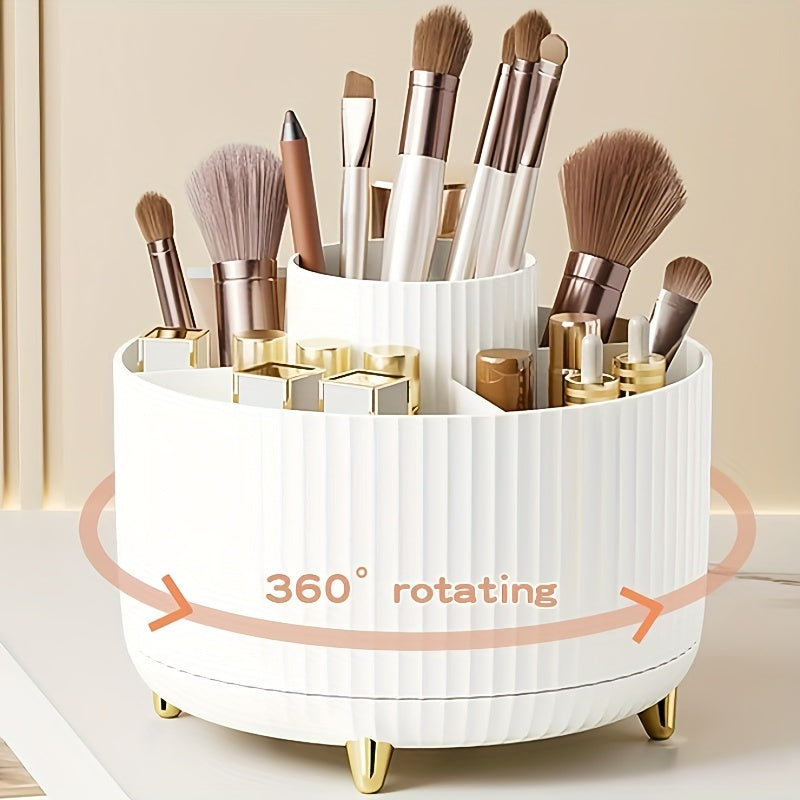 360° Rotating Makeup Brush Holder with 5 Compartments – Space-Saving Organizer for Cosmetics & Accessories