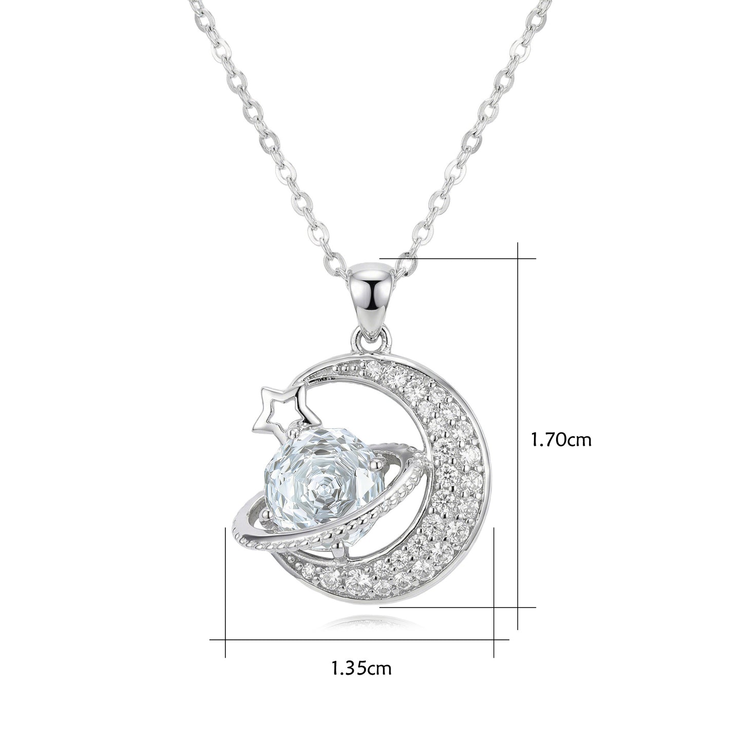 925 Sterling Silver Elegant Celestial Silver Crescent Moon and Sparkling Planet Pendant Necklace