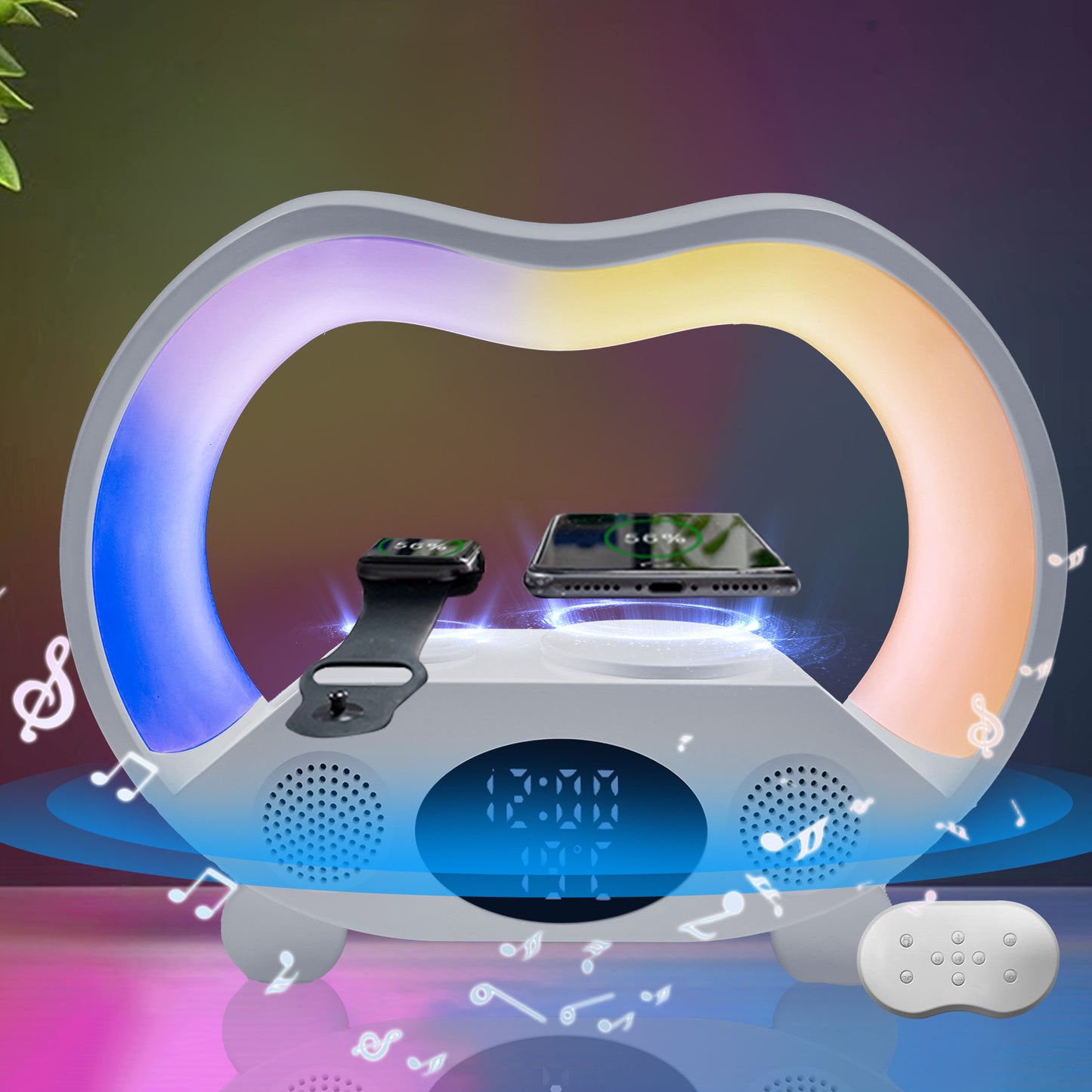 6-in-1 Intelligent LED Table Lamp with Bluetooth Speaker, Wireless Charger, & Smart Remote Control – RGB Night Light, Alarm Clock, Time & Temperature Display