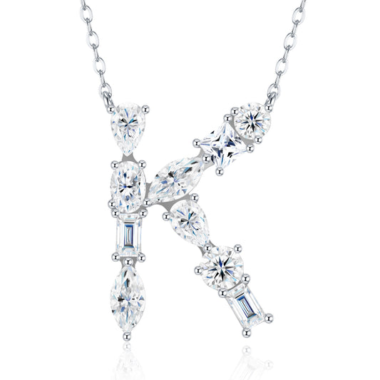 26-Letter - K - Luxury Silver Necklace Set With Top-quality Moissanite D Color VVS, Made Of S925 Silver Electroplated With Platinum.
