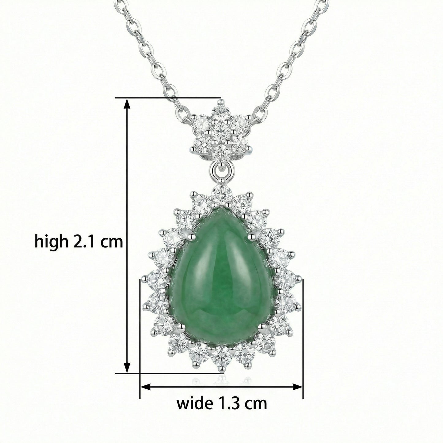 925 Sterling Silver Elegant Green Jade Teardrop Pendant Necklace with Sparkling Diamond Halo