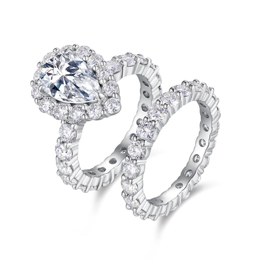 Love Ring - Luxury Silver Ring Set With Top-quality Pear-shaped Moissanite D Color VVS, S925 Silver And Platinum-plated Diamond Wedding Ring