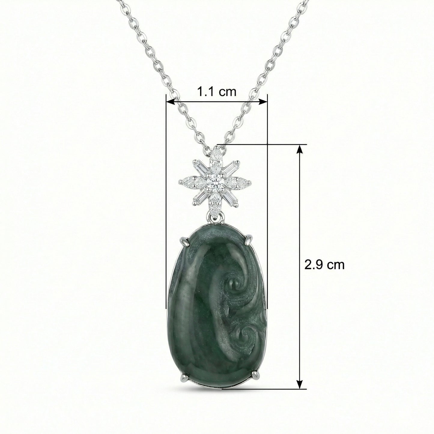 925 Sterling Silver Elegant Carved Dark Green Jade Pendant Necklace with Sparkling Star Accent