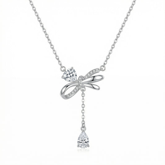 925 Sterling Silver Elegant Silver Bow Necklace Featuring Sparkling Heart and Pear-Cut Zirconia Accents