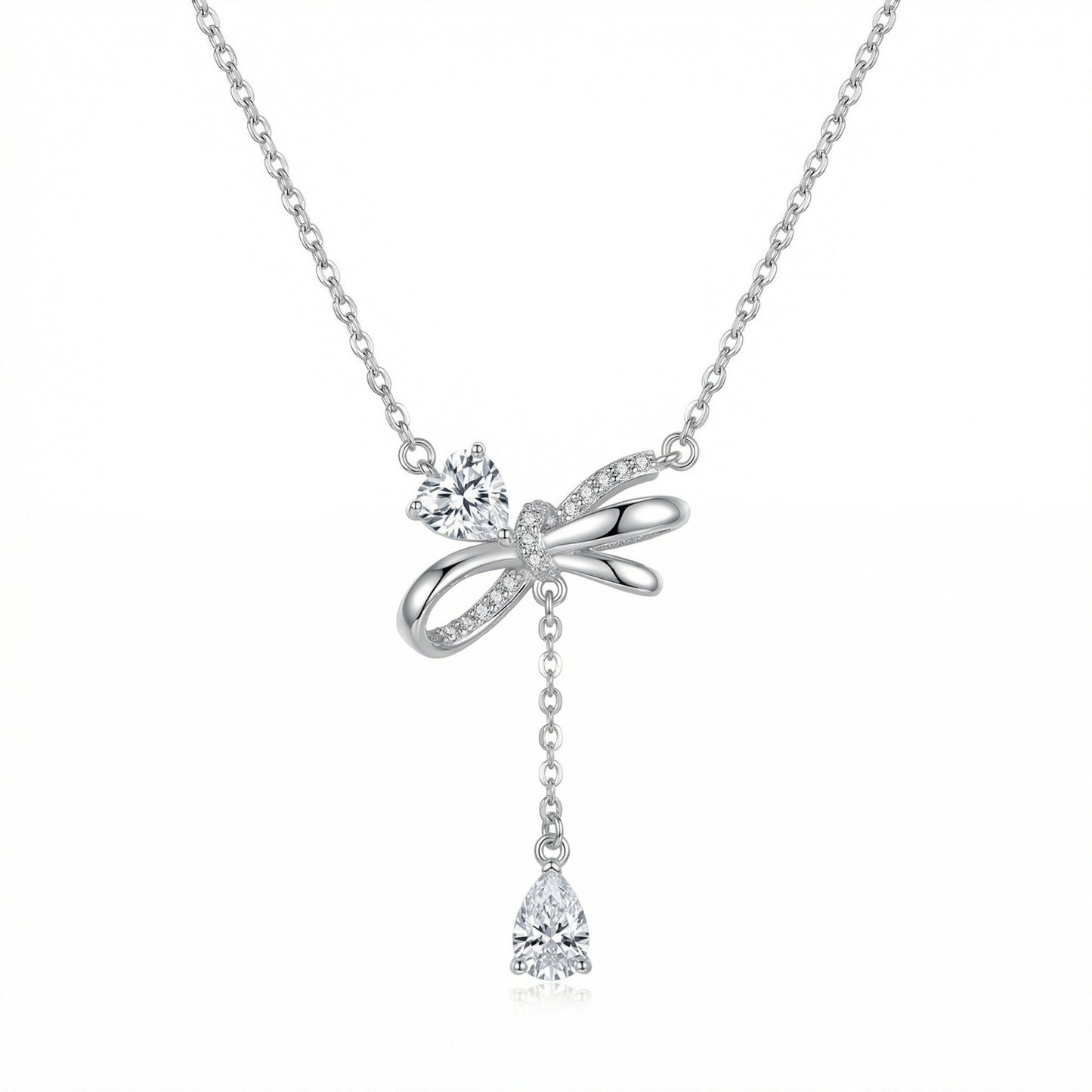 925 Sterling Silver Elegant Silver Bow Necklace Featuring Sparkling Heart and Pear-Cut Zirconia Accents