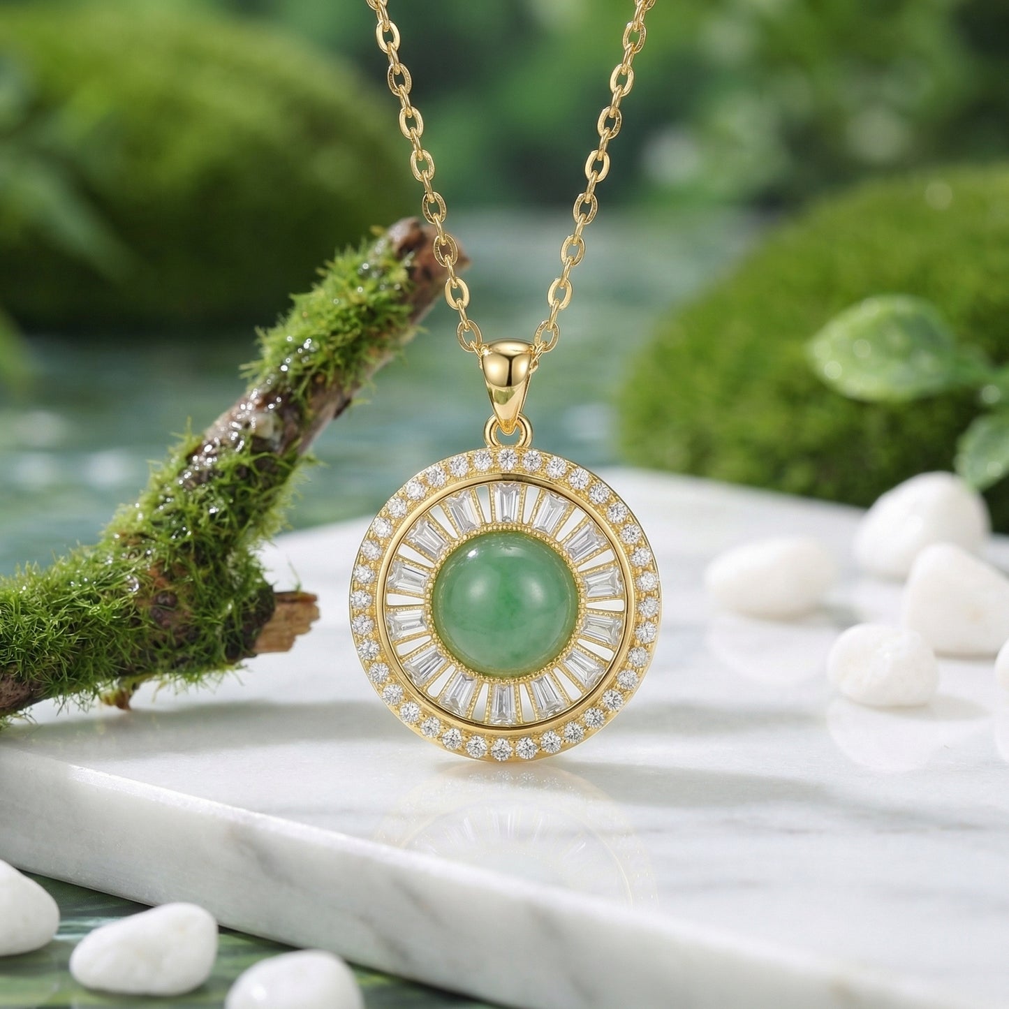 925 Sterling Silver Radiant Green Gemstone Sunburst Pendant Necklace with Sparkling Diamond Halo Accents