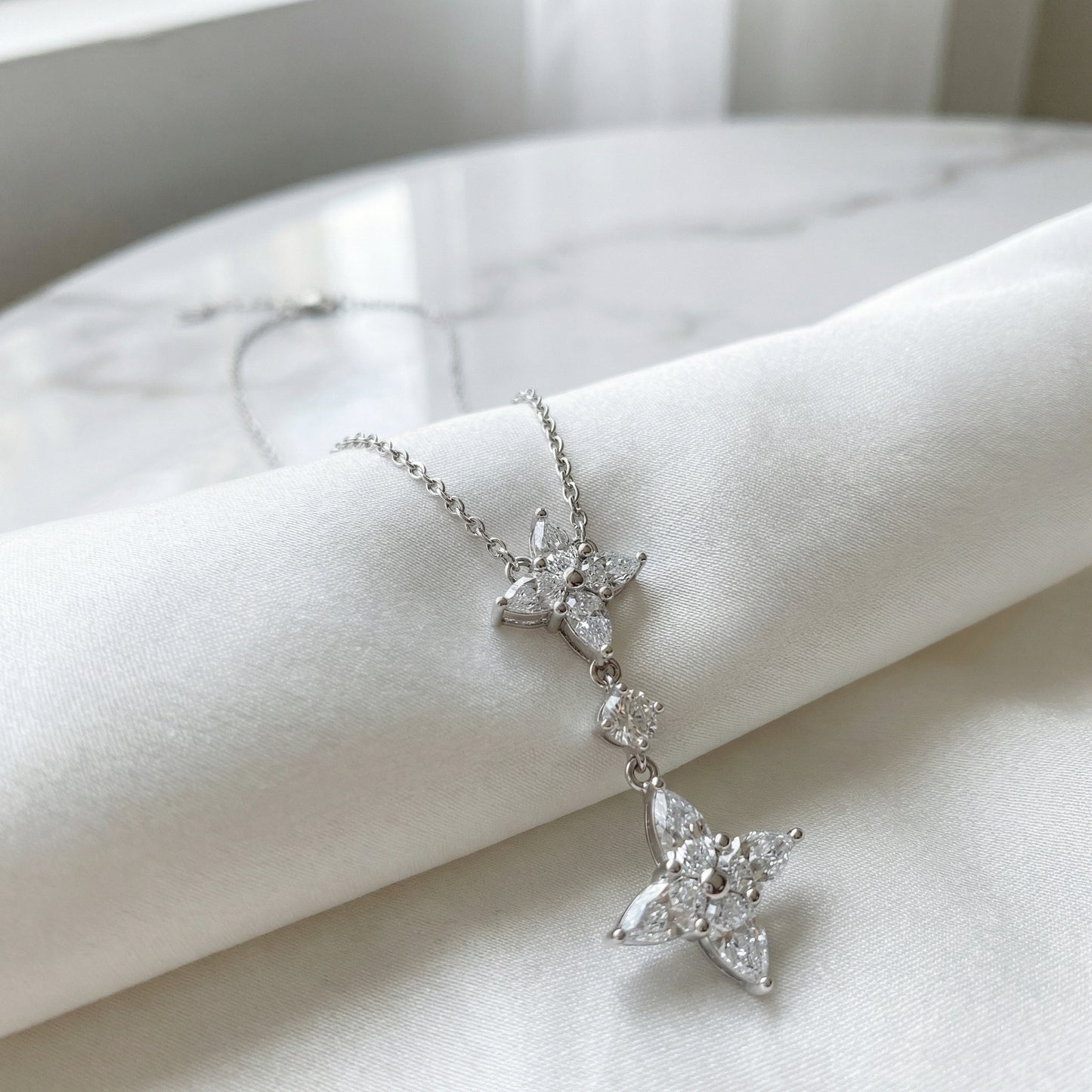 925 Sterling Silver Exquisite Marquise CZ Floral Double Cluster Drop Pendant Necklace