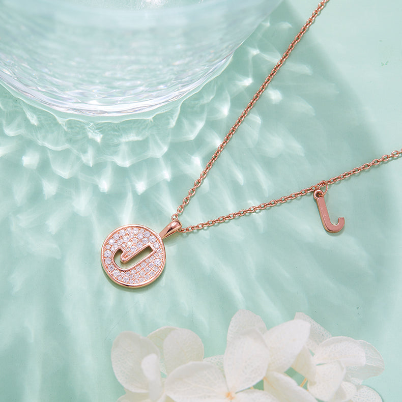 Luxury Initial Letter Necklace Pendant – J , S925 Silver Rose Gold Plated with Top-Quality Brilliant Moissanite