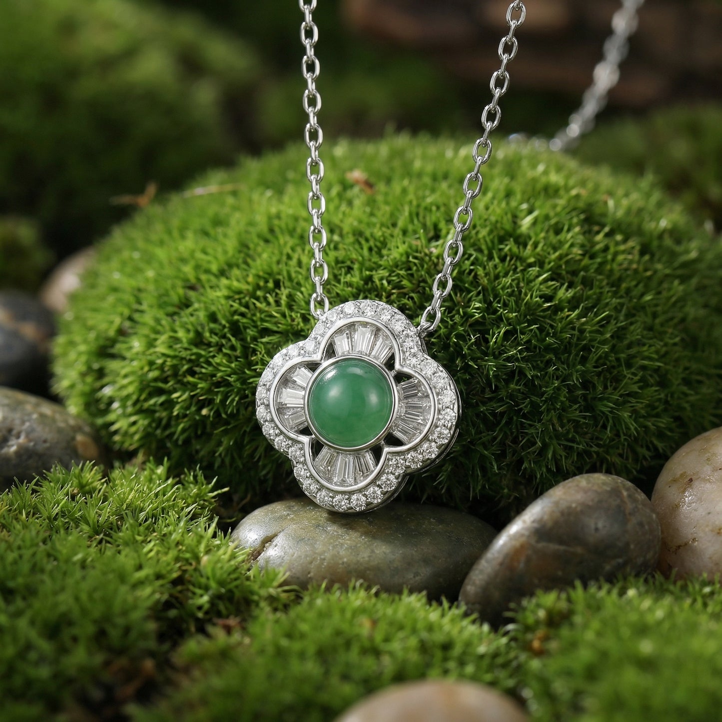 925 Sterling Silver Exquisite Quatrefoil Green Gemstone Pendant Necklace with Diamond Halo and Baguette Accents