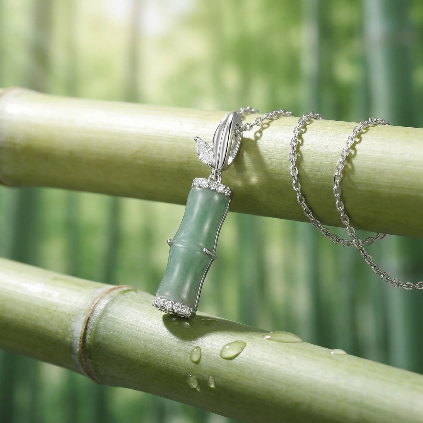 925 Sterling Silver Elegant Green Jade Bamboo Pendant Necklace with Cubic Zirconia Accents