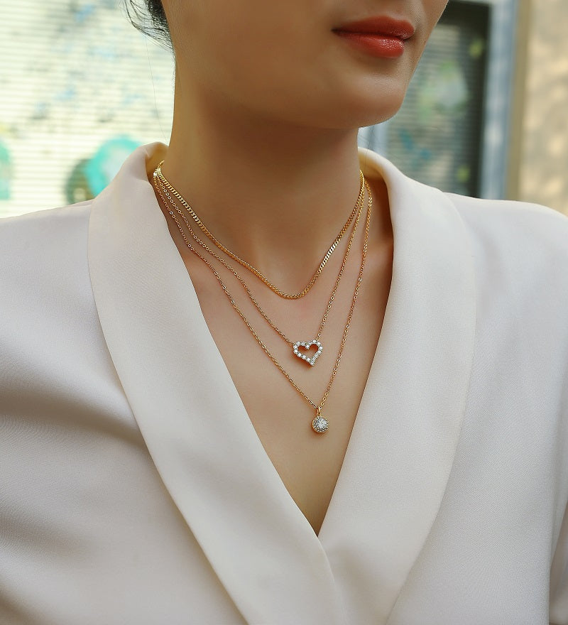 Exquisite Multi-Layered Gold-Plated 925 Silver Necklace with With Top-quality Moissanite D Color VVS1 & Pavé Heart Pendants