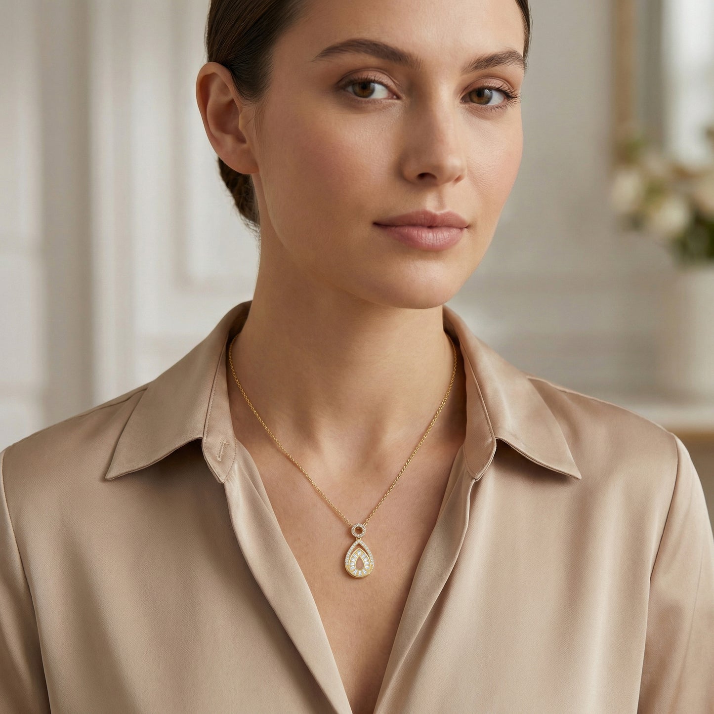925 Sterling Silver Elegant Pear-Shaped Pendant Necklace with Marquise and Sunburst Baguette Accents