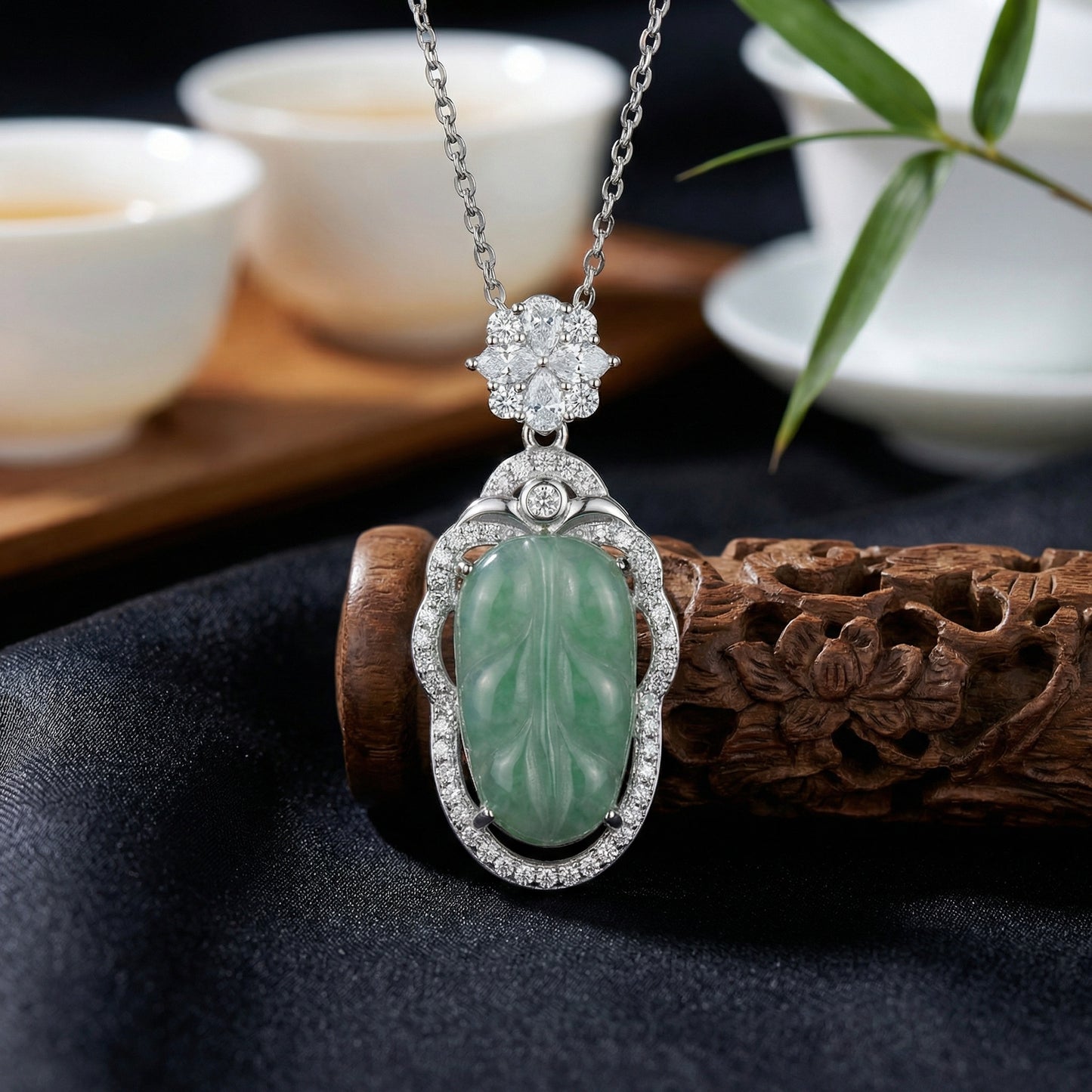 925 Sterling Silver Exquisite Carved Green Jade Leaf Pendant Necklace with Sparkling Stone Accents