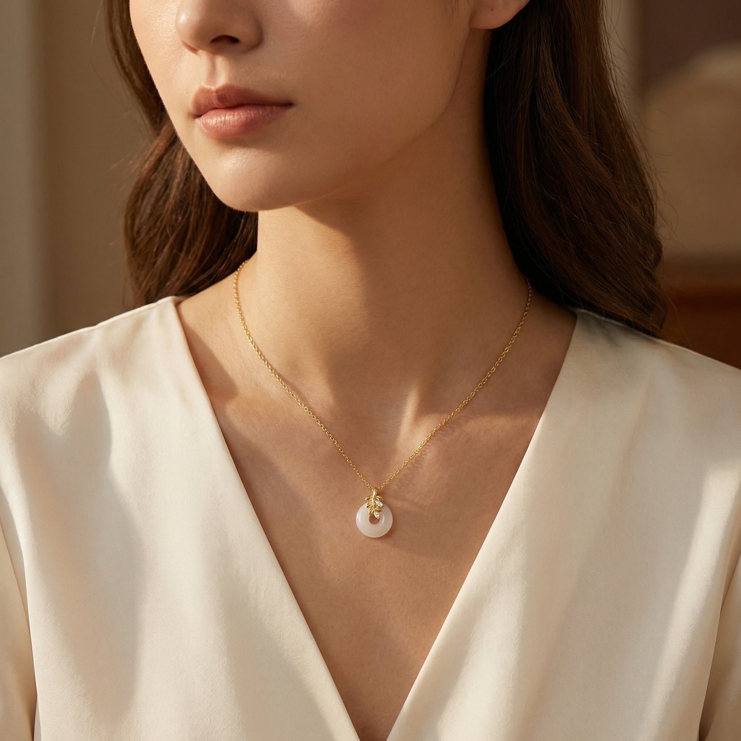 925 Sterling Silver Elegant White Jade Circle Pendant Necklace Featuring Ornate Leaf Branch and Marquise Accents