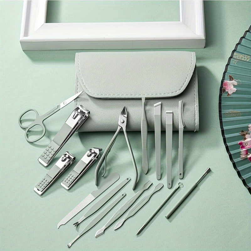 16pcs Multi-Functional Stainless Steel Manicure & Pedicure Tool Set with Folding Travel Bag