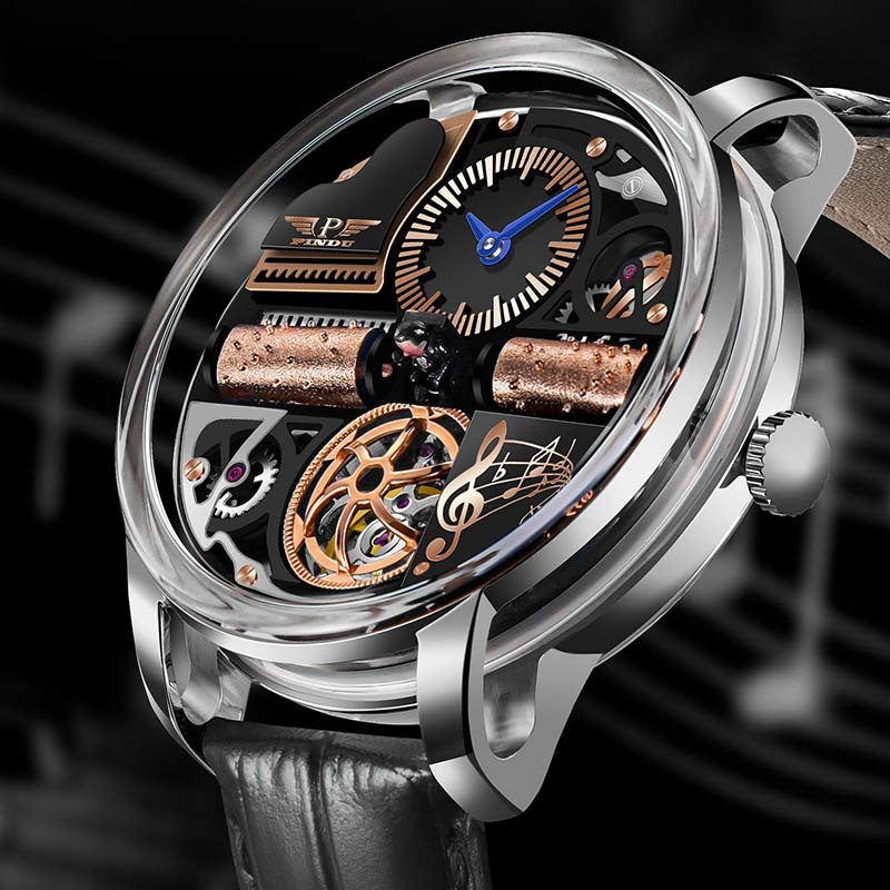 Luxury Skeleton Music Series Mechanical Watch for Men – Automatic Movement, Stainless Steel Case with Genuine Leather Strap, Artistic Open-Work Dial Design
