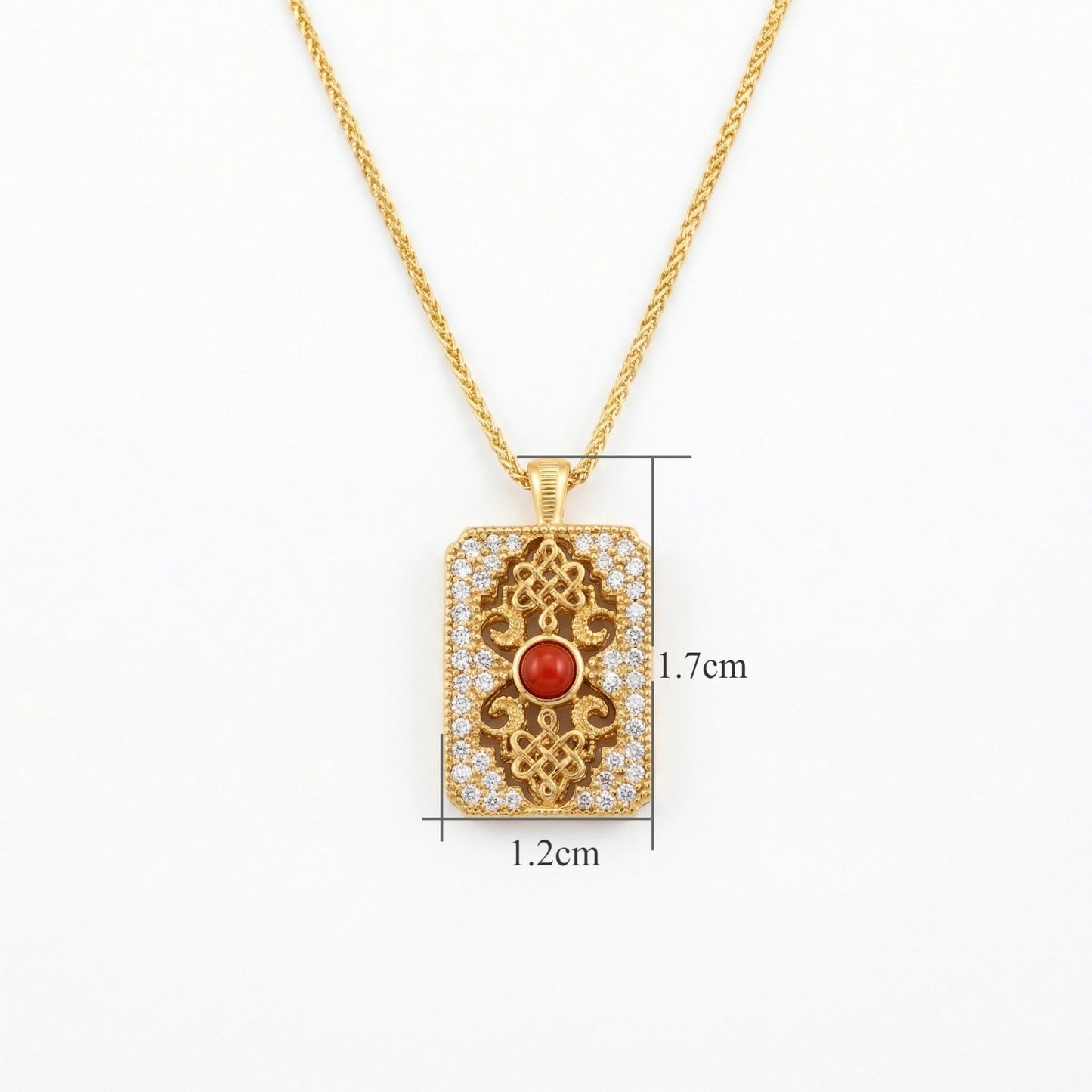 925 Sterling Silver Ornate Rectangular Filigree Pendant Necklace with Central Red Gemstone and Shimmering Accents