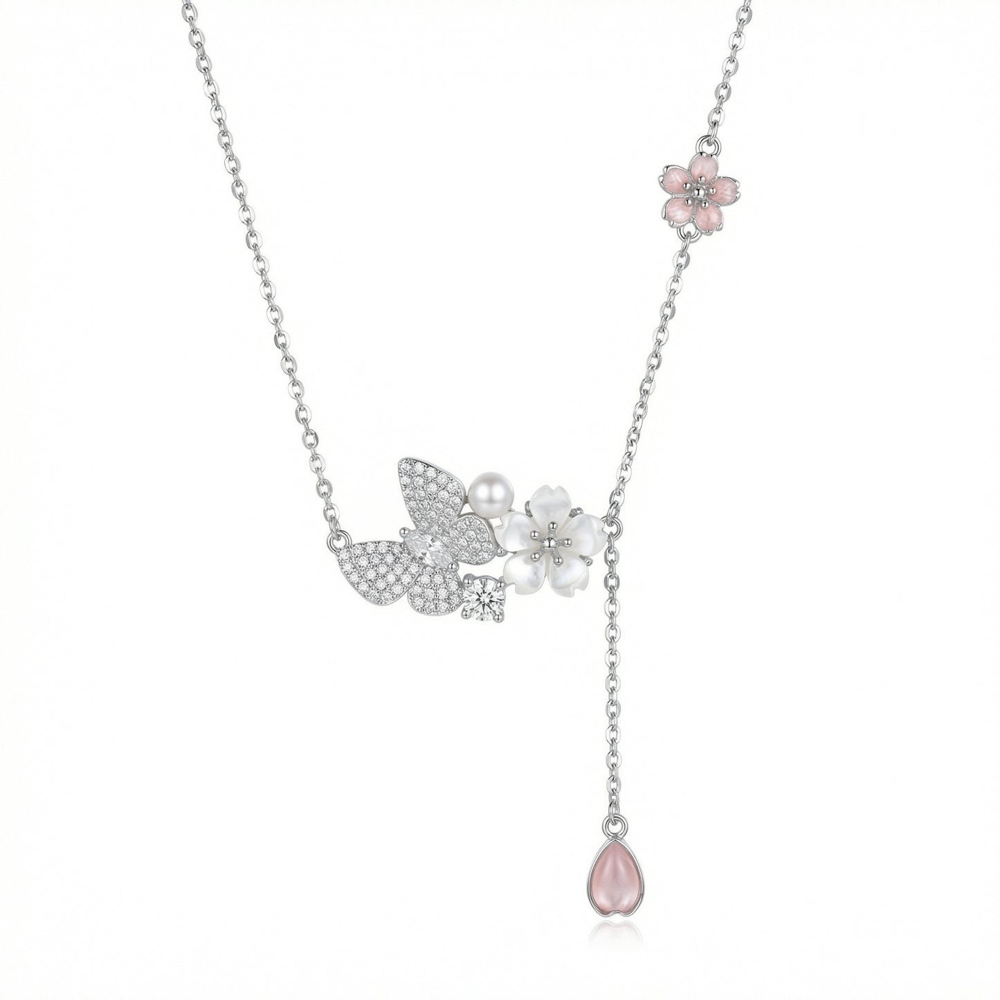 925 Sterling Silver Elegant Butterfly and Cherry Blossom Silver Necklace with Pink Pendant